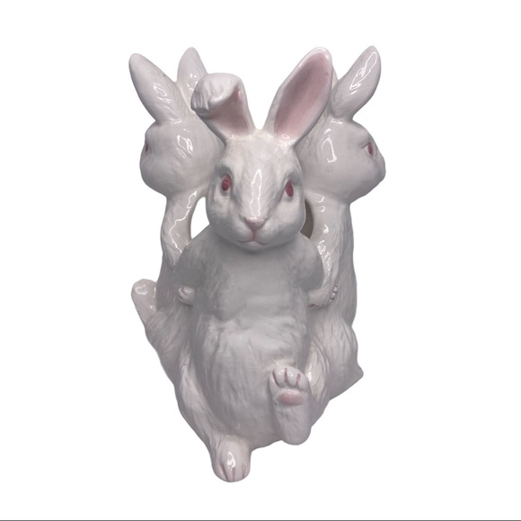Vintage Ceramic Trio Of Dancing Bunny Rabbits Vase